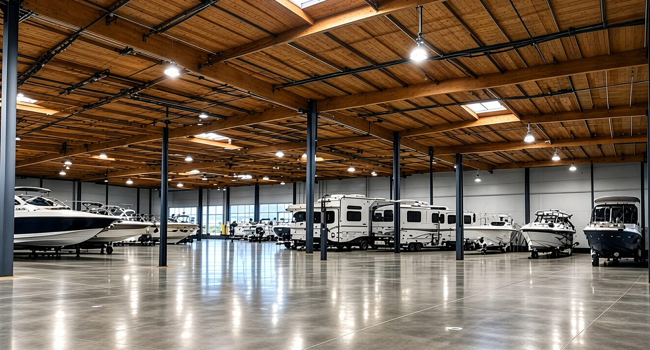 Boats and RVs parked inside the indoor storage facility